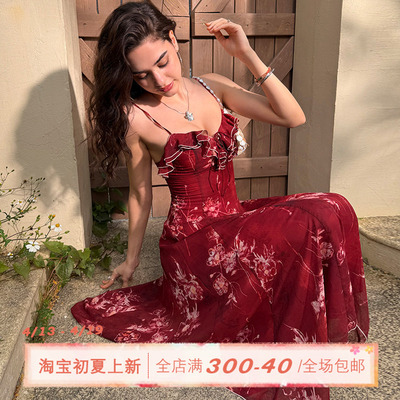 ITSNIKAR复古雪纺印花吊带连衣裙女夏性感收腰a字裙度假风长裙子