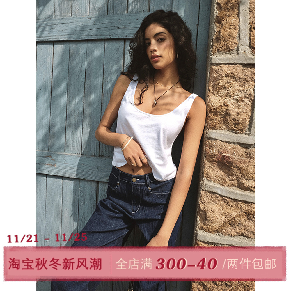 ITSNIKAR 欧美基础款大U领吊带背心女夏慵懒风纯棉内搭美背短上衣