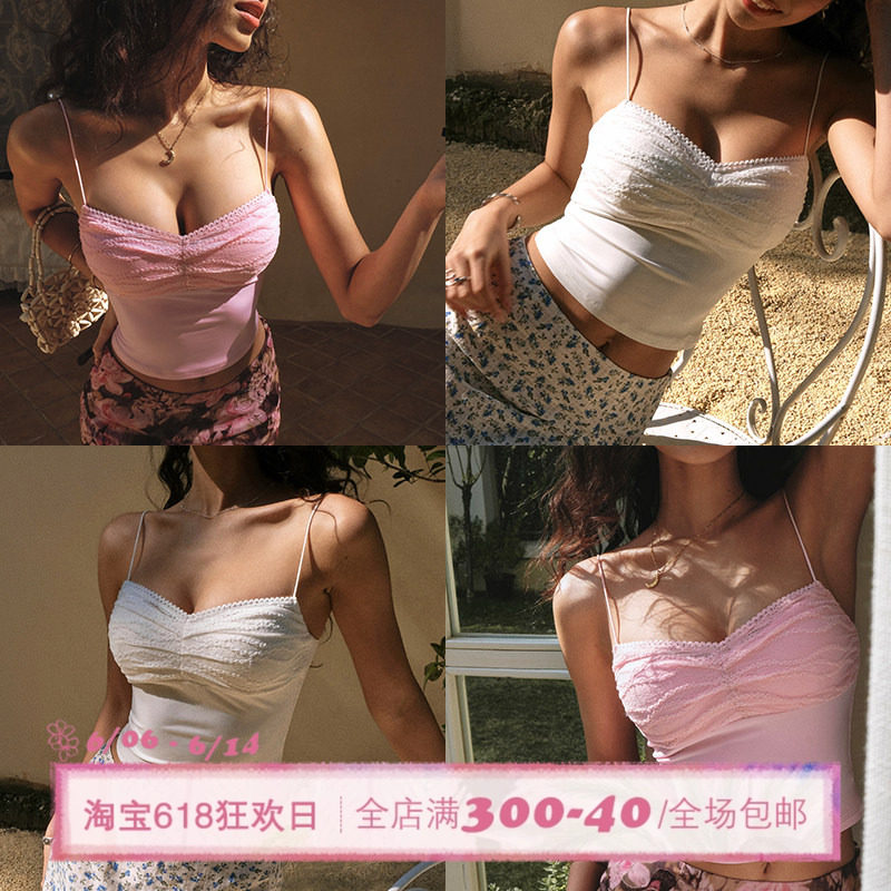 ITSNIKAR【芭蕾lady】白色蕾丝拼接背心吊带女春夏带胸垫法式上衣