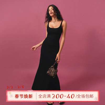 ITSNIKAR 复古基础款方领连衣裙女夏纯色针织裙修身显瘦吊带长裙