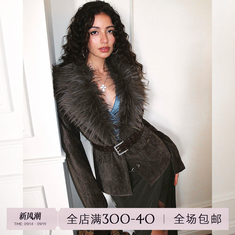 ITSNIKAR法式可拆卸毛毛领拼接呢子外套女秋冬复古立体显瘦短上衣