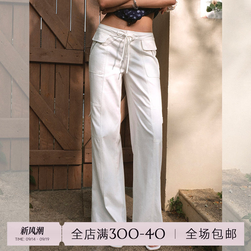 ITSNIKAR经典绑带中低腰休闲裤女春夏多口袋直筒工装裤百搭长裤子										