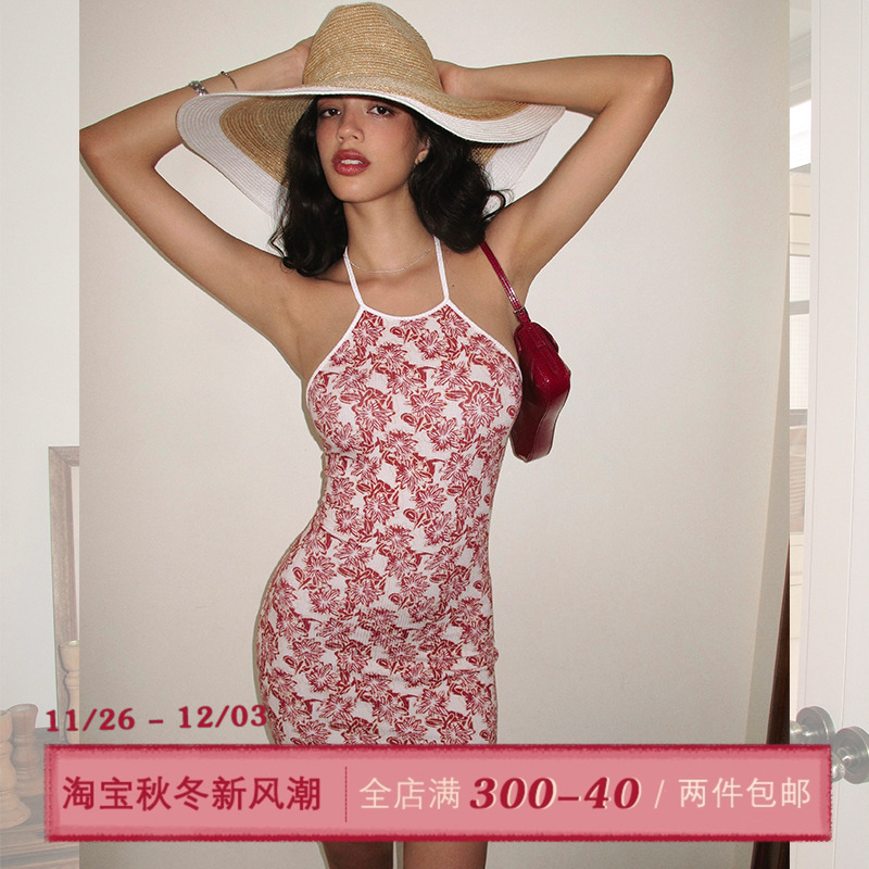 ITSNIKAR 复古碎花挂脖连衣裙女夏浪漫包臀针织裙性感显瘦短裙子