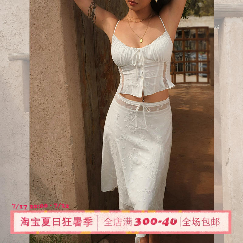 ITSNIKAR 法式玫瑰刺绣蕾丝朱莉套装女设计感吊带背心半裙两件套