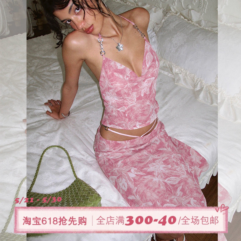 ITSNIKAR慵懒风荡领性感露背吊带套装女夏印花显瘦包臀裙子两件套