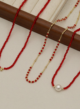 秋冬红色系列时尚毛衣链串珠链级感时尚搭配锁骨链叠戴项链