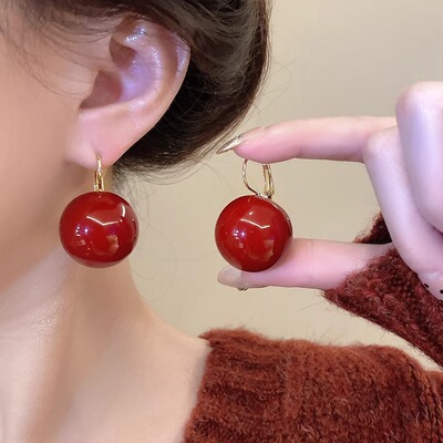 复古安格拉红几何珍珠耳扣耳环女本命年红色新年耳饰