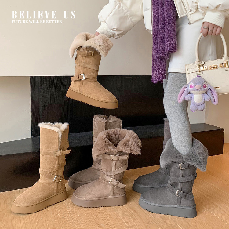 松糕厚底时尚雪地靴2025冬季新款长毛绒保暖绒面女靴子高筒长靴子