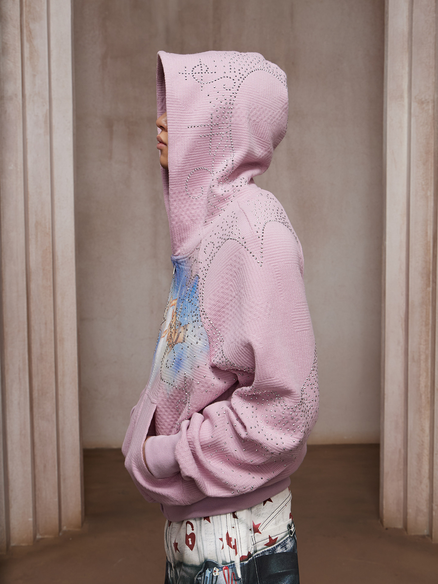 DND4DES] Rhinestone Heart Print Zip-Up Hoodie - OLDLAUNDRY