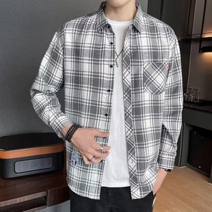 2022新款 春秋季 男士 长袖 日系潮牌衬衣服学生痞帅polo港风外套 衬衫