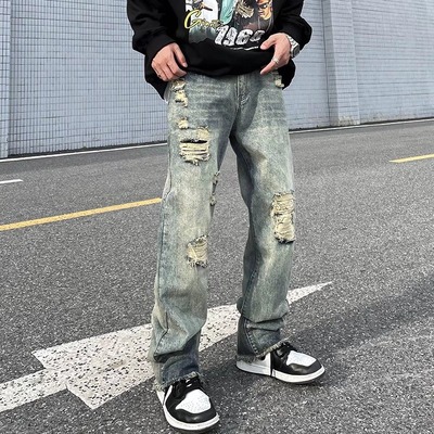高街vibe风破洞水洗直筒牛仔长裤男女款美式街头复古青少年休闲裤