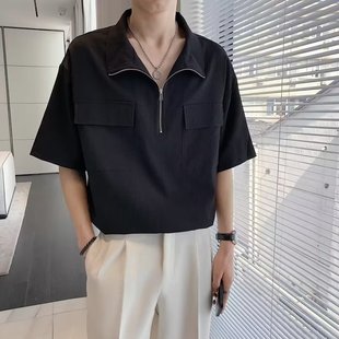 男短袖 半拉链冰丝垂坠半袖 高级感痞帅衬衫 Polo衫 t恤潮牌 男士 短袖