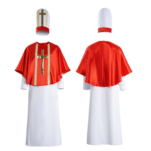 万圣节传教士服装cos服牧师长袍红色披风套装中世纪舞台表演服c服