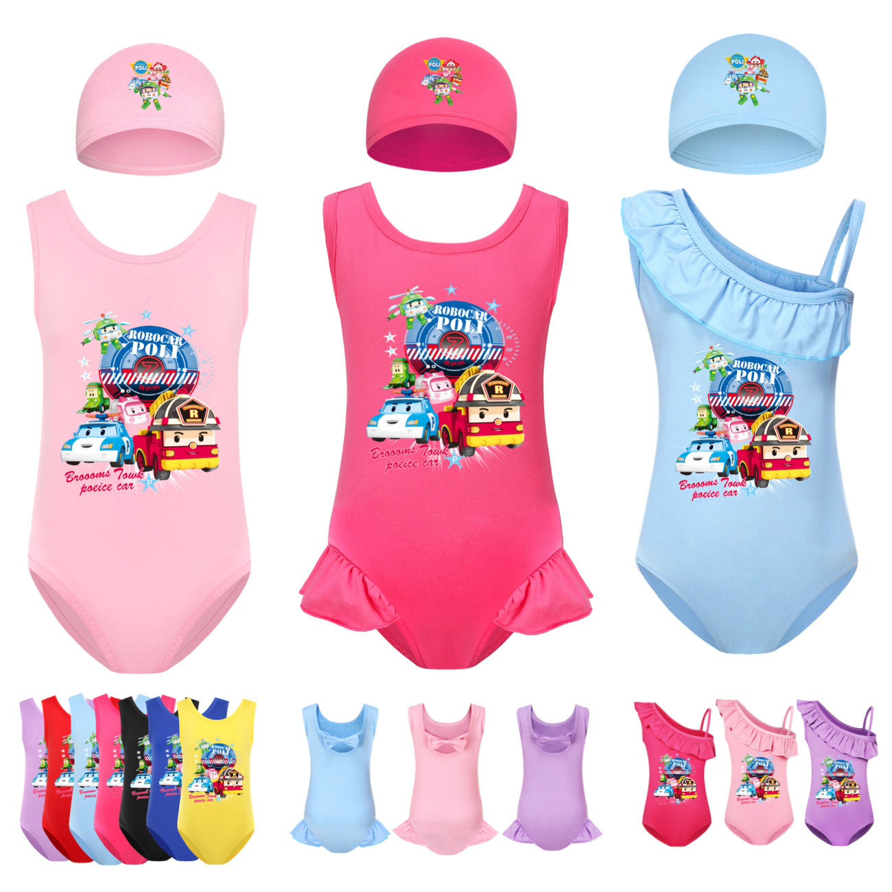 24卡通动漫小朋友变形警车珀利ROBOCAR poli女童连体泳衣泳帽套装