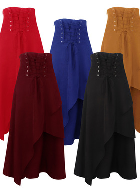 新款黑色蓝色酒红色咖色红色高腰5色不规则哥特半身长裙COS万圣节