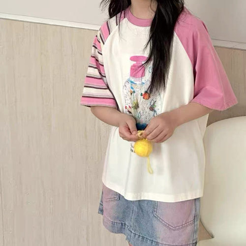 儿童T恤2026夏季女童新品4670印花拼条纹袖中大童韩版百搭简约T恤