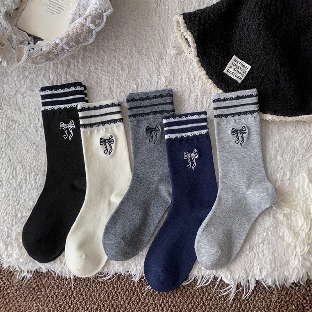 袜子女100%新疆棉长袜秋条纹蝴蝶结韩系ins风潮棉质白灰色中筒袜,女士内衣/男士内衣/家居服,中筒袜,淘宝优惠券,粉丝福利购,淘宝优惠卷