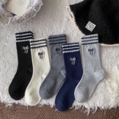 袜子女100%新疆棉长袜秋条纹蝴蝶结韩系ins风潮棉质白灰色中筒袜