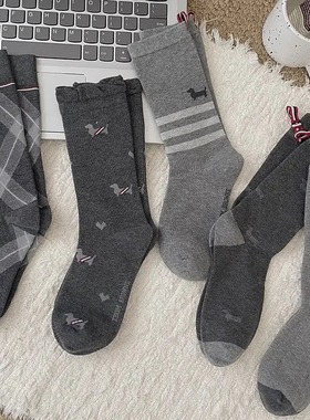 5双】高级灰袜子中筒灰色调中性冷淡风有调性长袜布标卡通腊肠狗