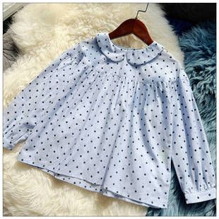 衬衫 40A 花瓣领宽松长袖 DM女童100 上衣W021 130cm纯棉抽皱薄款