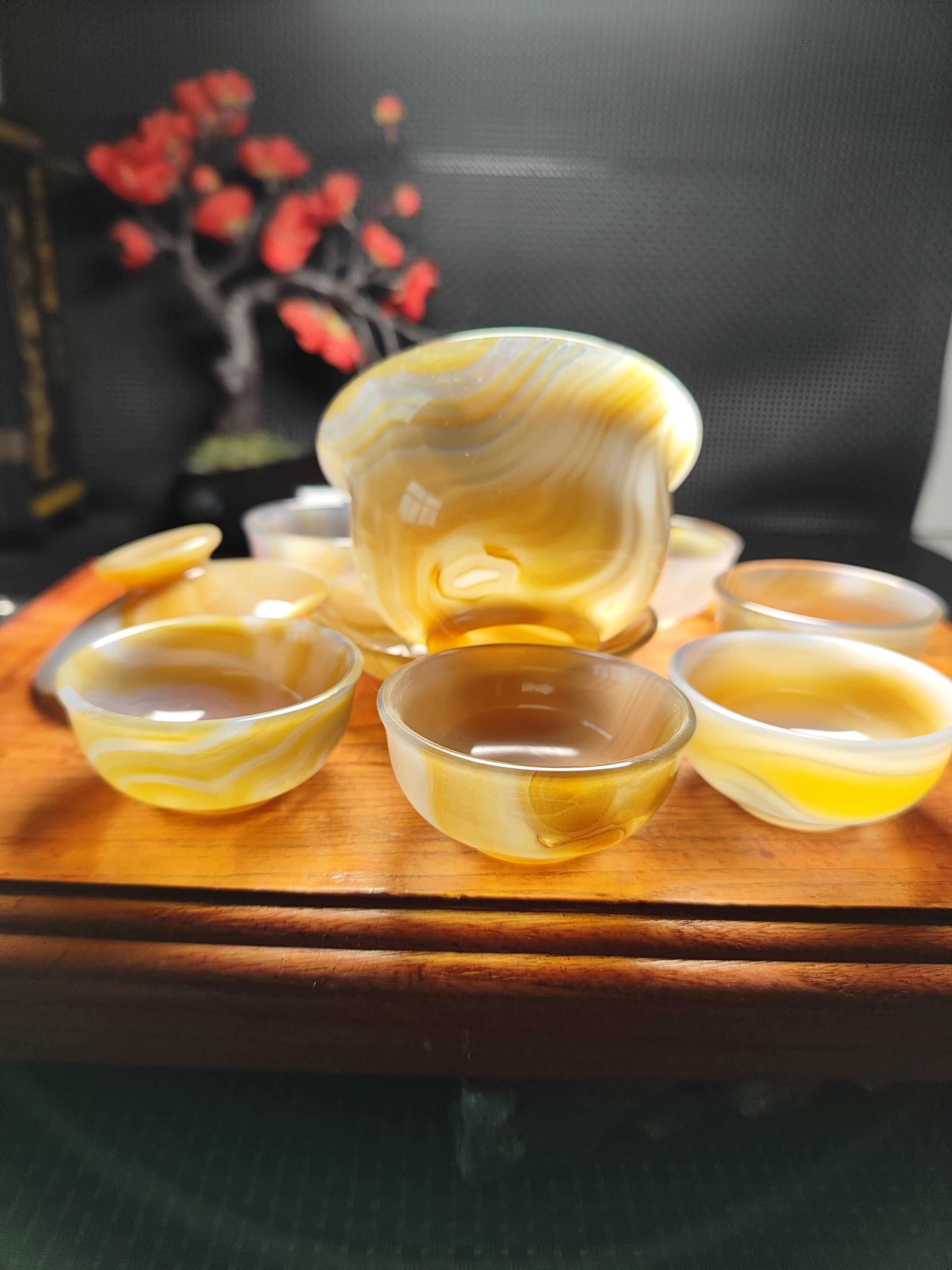 保真天然玛瑙盖碗一套,盖碗加六个小茶碗一套,茶具送礼家用精品