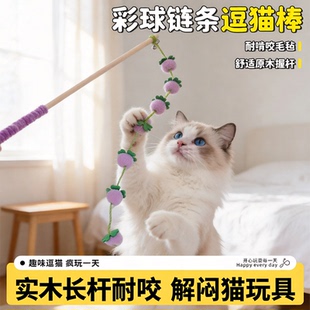 毛绒彩球链条逗猫棒实木长杆猫咪自嗨逗猫棒耐咬解闷宠物玩具