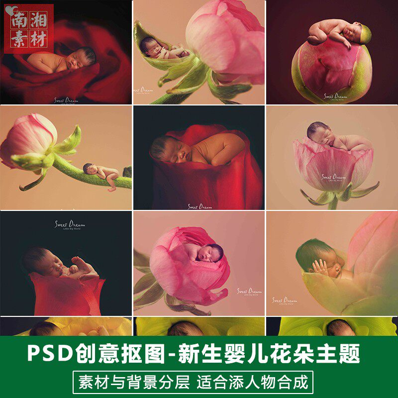 影楼摄影后期PS抠图模板换背景合成设计百天满月花朵宝宝素材分层