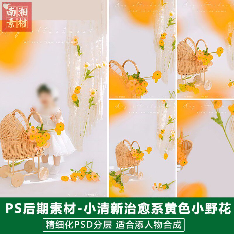 新版儿童影楼后期模板百天满月宝宝照片设计橘色小花竹篮推车素材