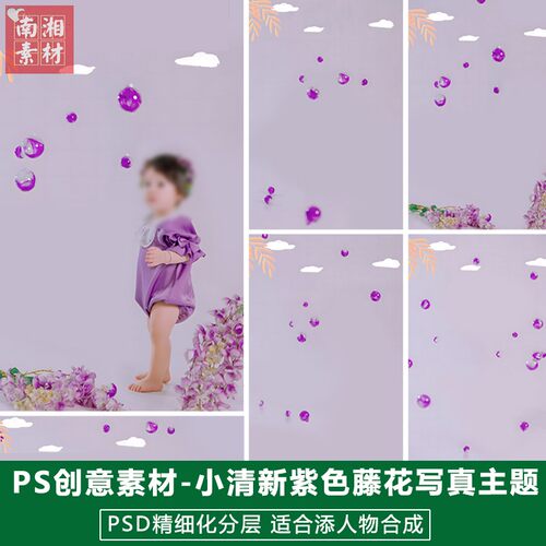 2025年新版儿童影楼后期PS模板百天满月宝宝照片设计紫色花瓣素材
