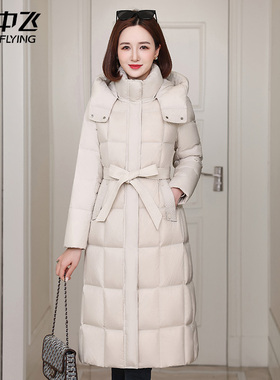 雪中飞羽绒服女中长款2025冬新款加厚大码长款过膝白鸭绒品牌外套