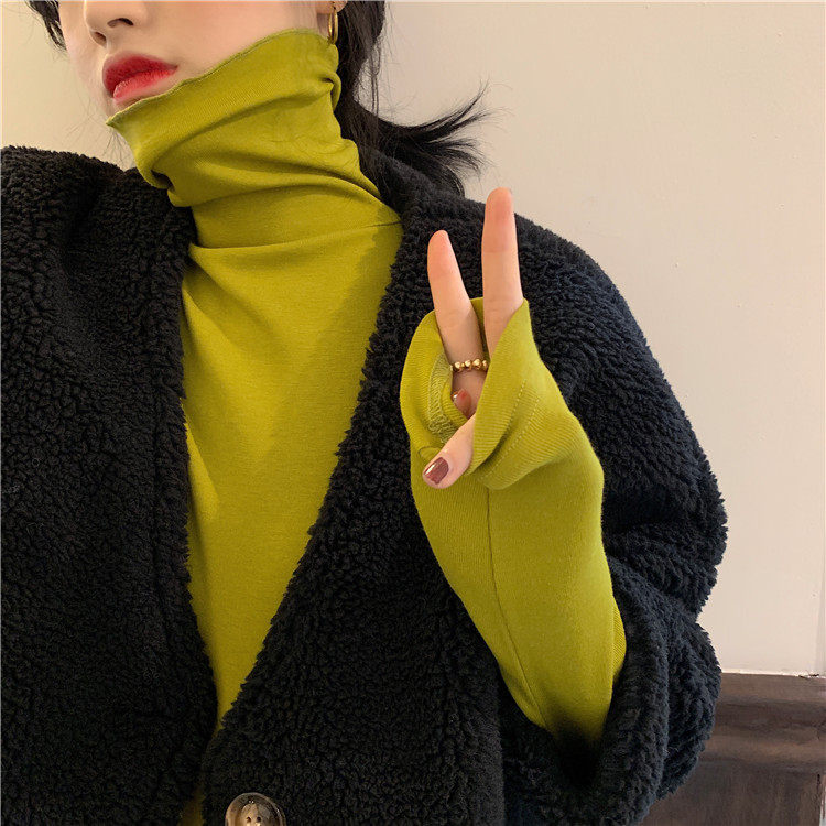 韩国ins牛油果绿芥末绿抹茶绿纯色基础款百搭高领针织打底衫上衣
