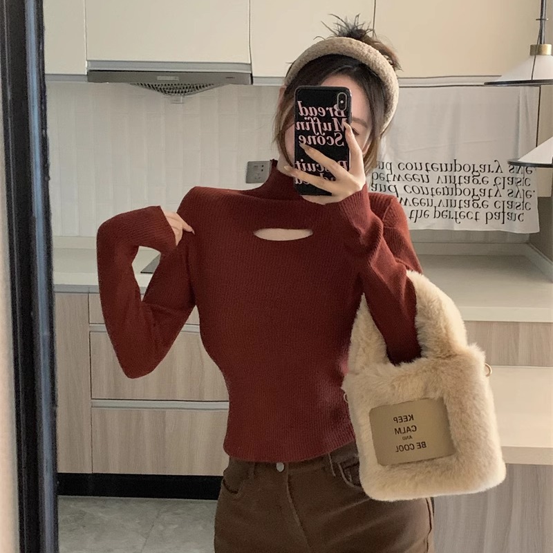 秋冬新款韩系chic纯欲风辣妹镂空半高领暗红色打底衫女砖红色内搭