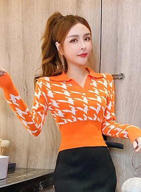 橘色上衣秋冬新款法式复古千鸟格翻领桔色针织毛衣女短款橙色内搭