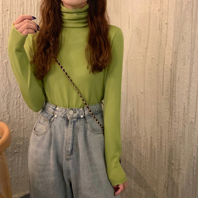 牛油果绿色基础款堆堆翻领高领打底衫上衣针织衫女学生百搭纯色