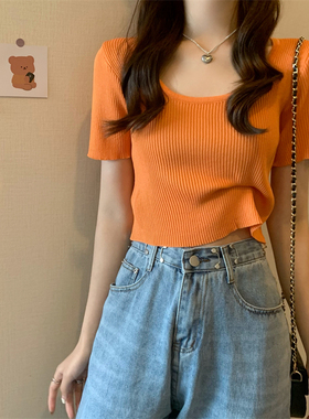 橘色T恤女夏季韩国chic修身短款方领桔色针织衫辣妹高腰橙色上衣