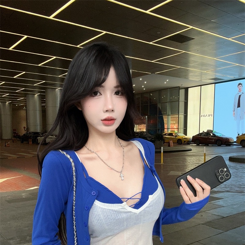 克莱因蓝复古红桔黄色纯欲辣妹抹胸背心针织开衫三件套女带胸垫