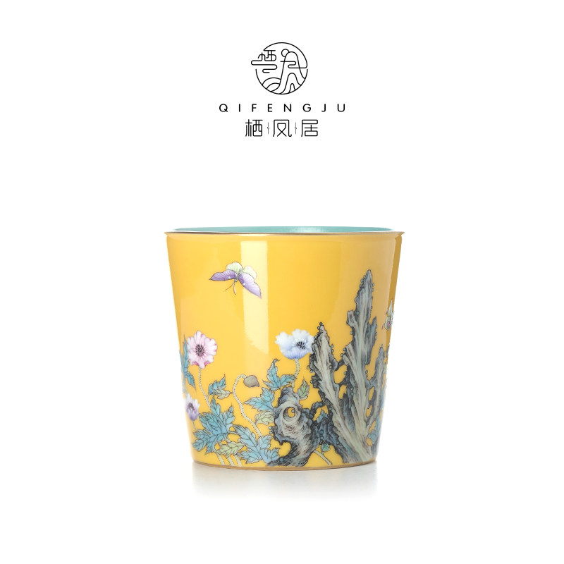 栖凤居景德镇全手工粉彩虞美人蝶恋花描金品茗杯个人陶瓷功夫单杯