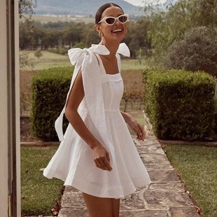 纯白抹胸无袖初恋裙小公主抹胸肩带绑带蝴蝶结吊带连衣裙礼服裙