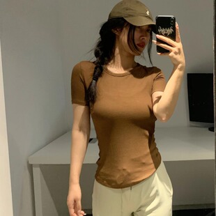 柔软圆领螺纹弹力收腰瑜伽短袖修身Hold Tight运动半袖T恤