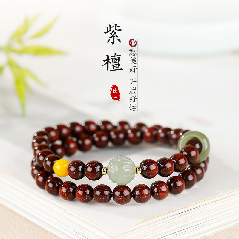 天然满金星紫檀双圈手串女生莲花蜜蜡转运珠木质文玩手链饰品礼物