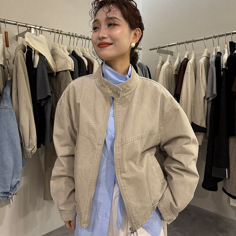 金小姐立领短款夹克牛仔外套女2026春秋宽松百搭休闲拉链开衫上衣