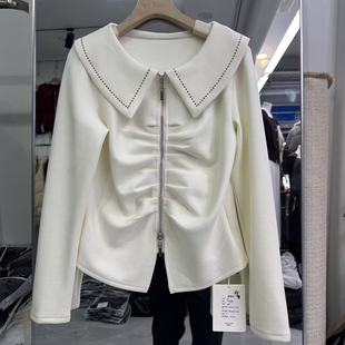 筱雅然一字领娃娃领拉链褶皱衬衫女长袖收腰显瘦设计感打底衫上衣