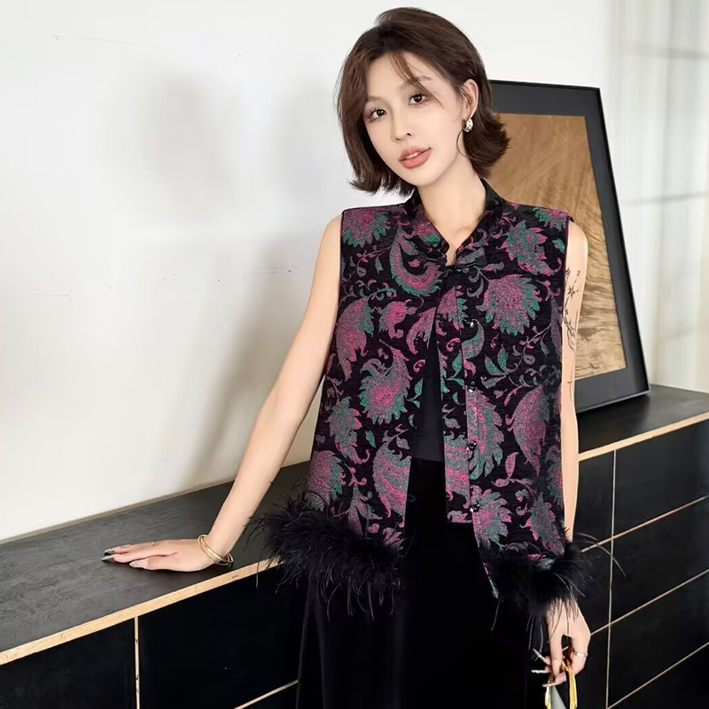 复古鸵鸟毛装饰无袖坎肩马夹