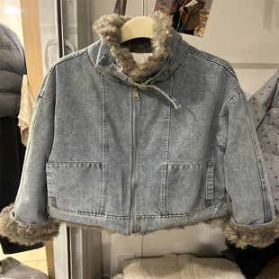 金燕子2025秋冬新款韩系复古羊羔毛领牛仔羽绒服女加厚保暖短外套
