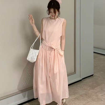 发财温柔无袖系带收腰显瘦长裙