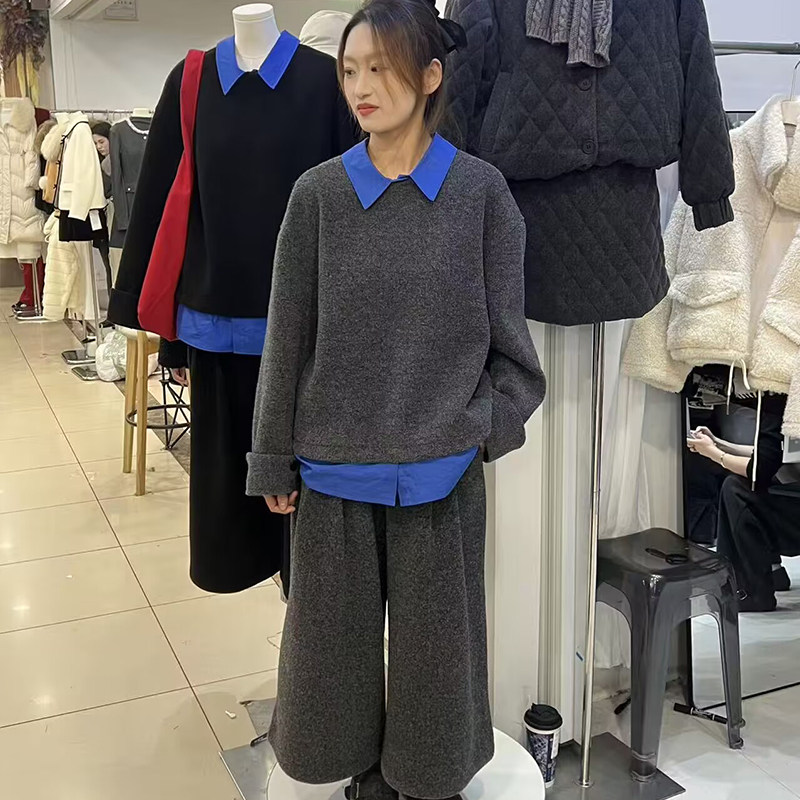 高端假两件卫衣套装女2025冬季拼接高腰阔腿裤显瘦加绒套装超好看,女装/女士精品,时尚套装,淘宝优惠券,粉丝福利购,淘宝优惠卷