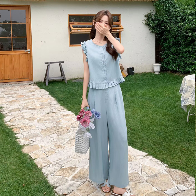 韩系贵气感时尚无袖短上衣休闲阔腿裤两件套天丝亚麻套装女2025夏