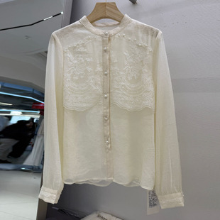 立领盘扣蕾丝高级感小衫 TSPL新中式 新品 女2026春装 风白色刺绣衬衫