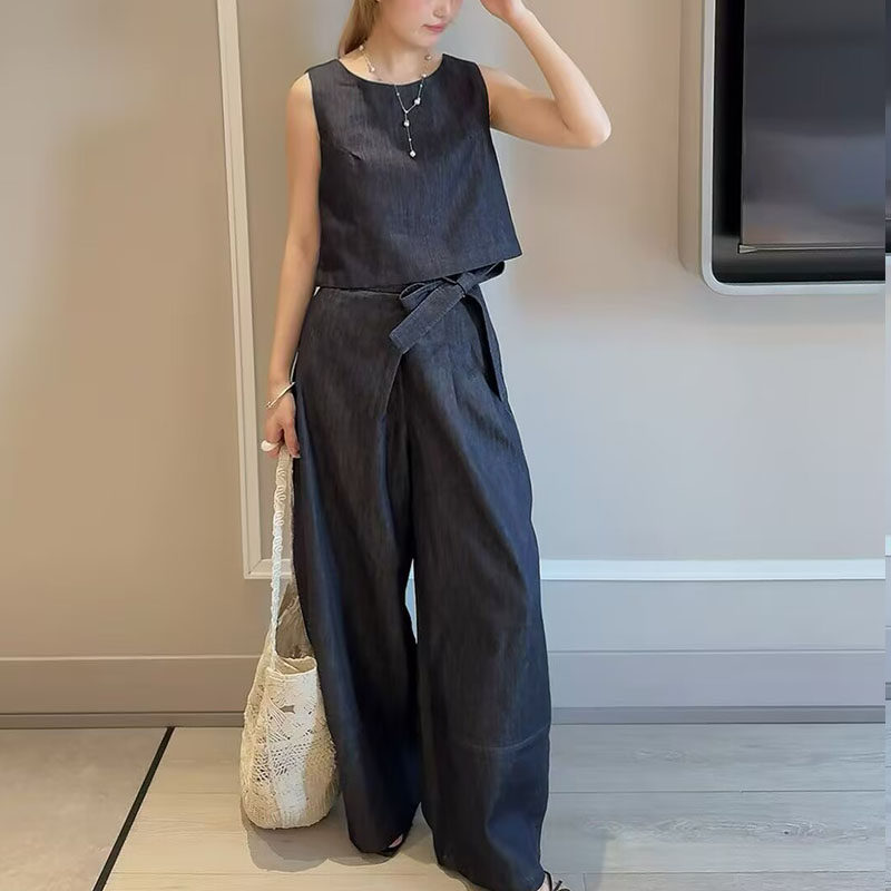 韩系牛仔小衫阔腿裤两件套女2026夏季新款流行显瘦高级感通勤套装