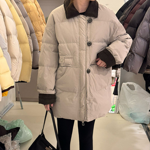 新款 欧货翻领中长款 90白鸭绒羽绒服女宽松保暖显瘦外套2025年冬季